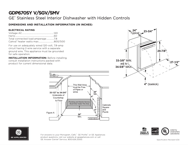 Page 1 of the manual Technical Sheet GE GDP670SGVWW