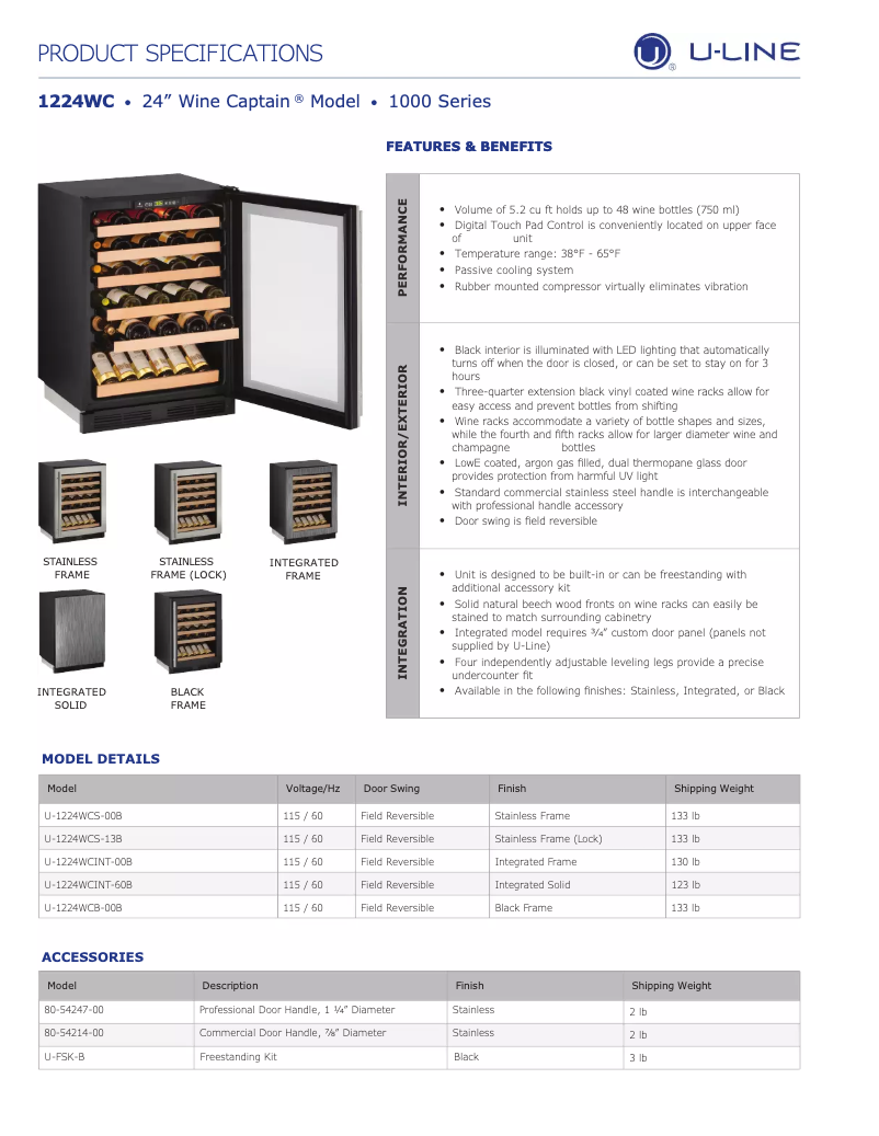 Page 1 de la notice Fiche technique U-Line U-1224WCINT-00B