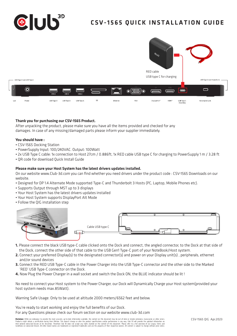 Page 1 de la notice Manuel utilisateur CLUB3D CSV-1565