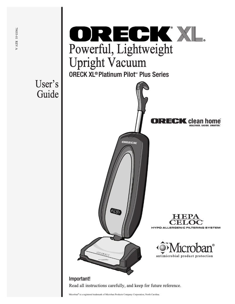 Page 1 de la notice Manuel utilisateur Oreck Platinum Pilot Plus