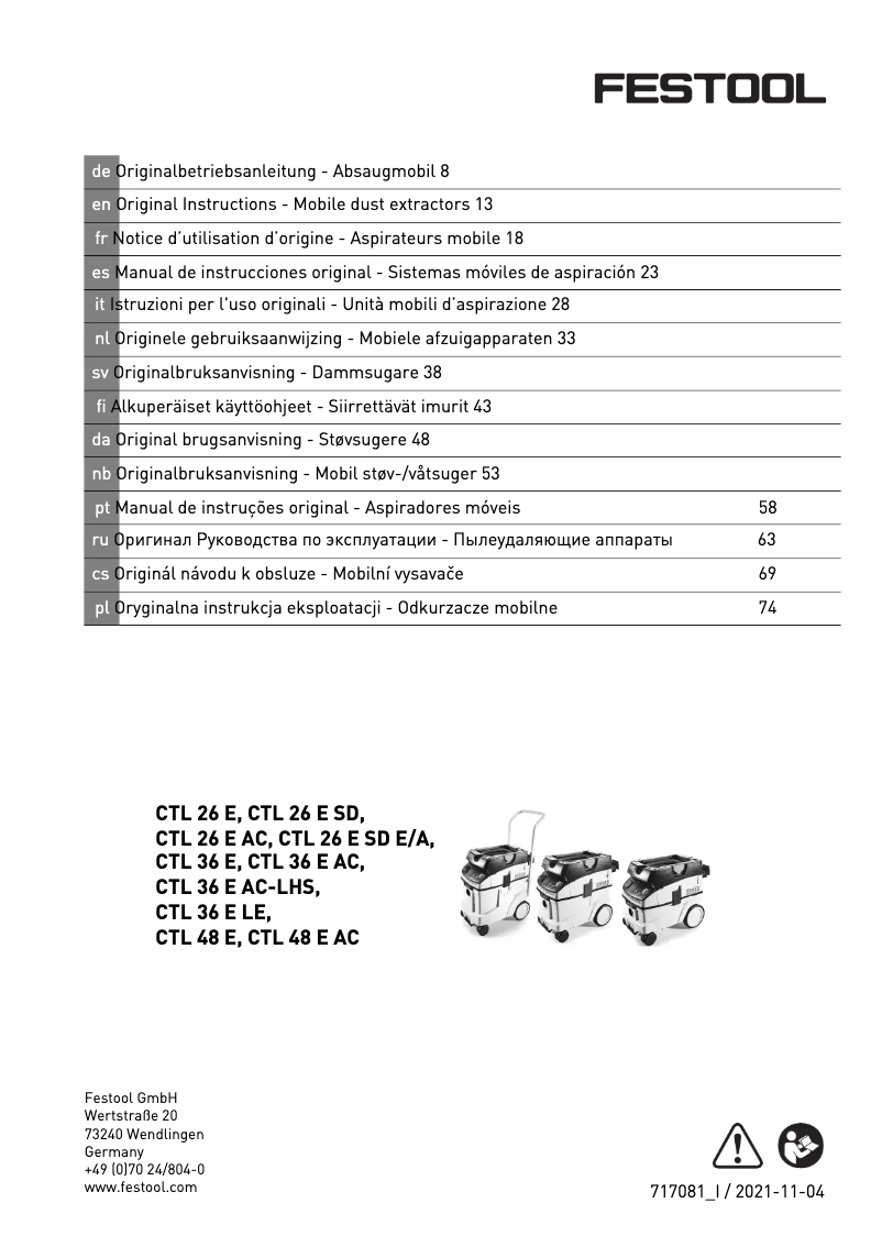Page 1 de la notice Manuel utilisateur Festool Cleantec CTL 48 AC