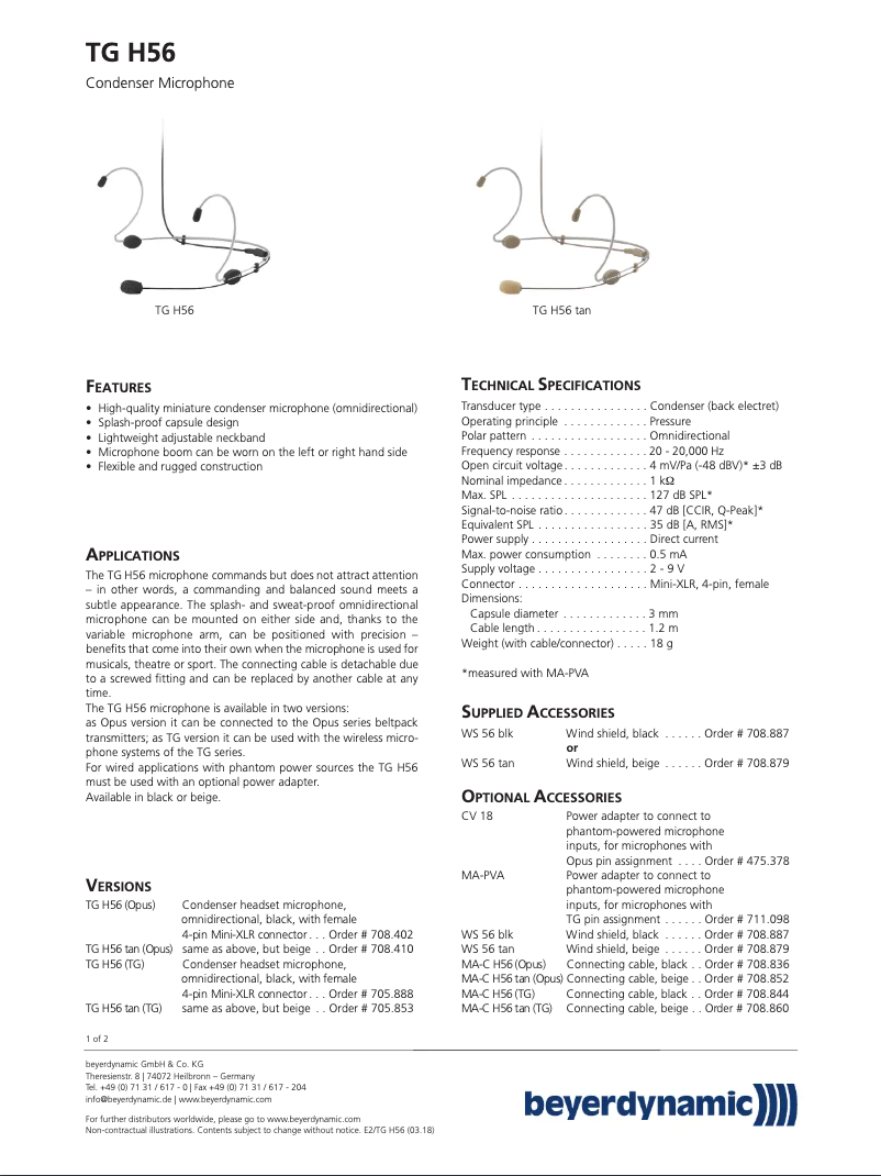 Page 1 of the manual Technical Sheet Beyerdynamic TG H56