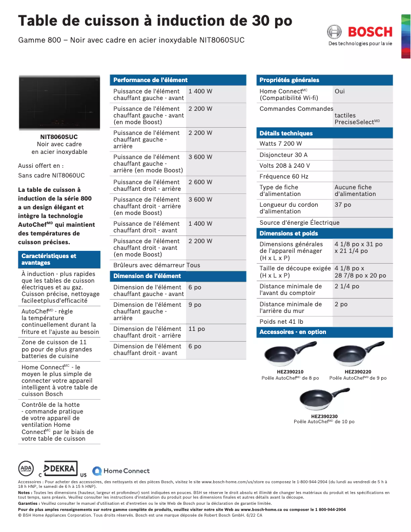 Page 1 de la notice Fiche technique Bosch NIT8060SUC