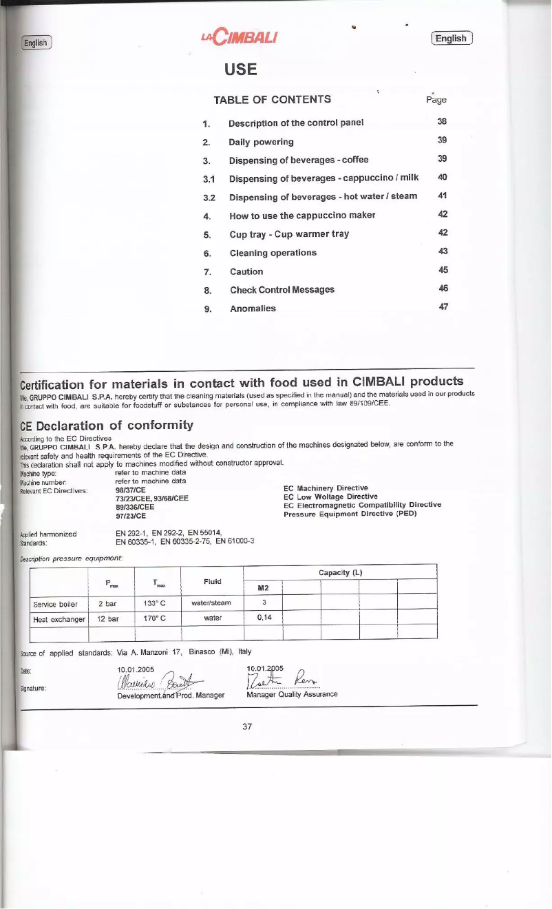 Page 1 of the manual User Manual La Cimbali M2