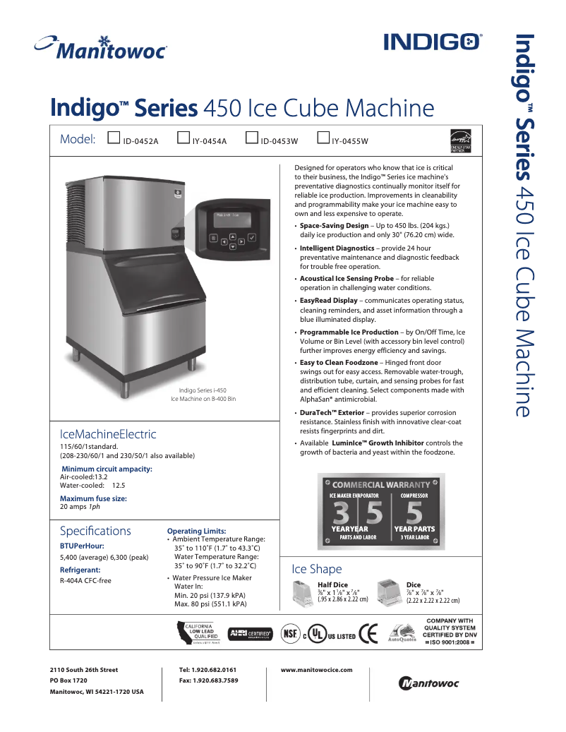 Página 1 del manual Ficha técnica Manitowoc IY-0454A