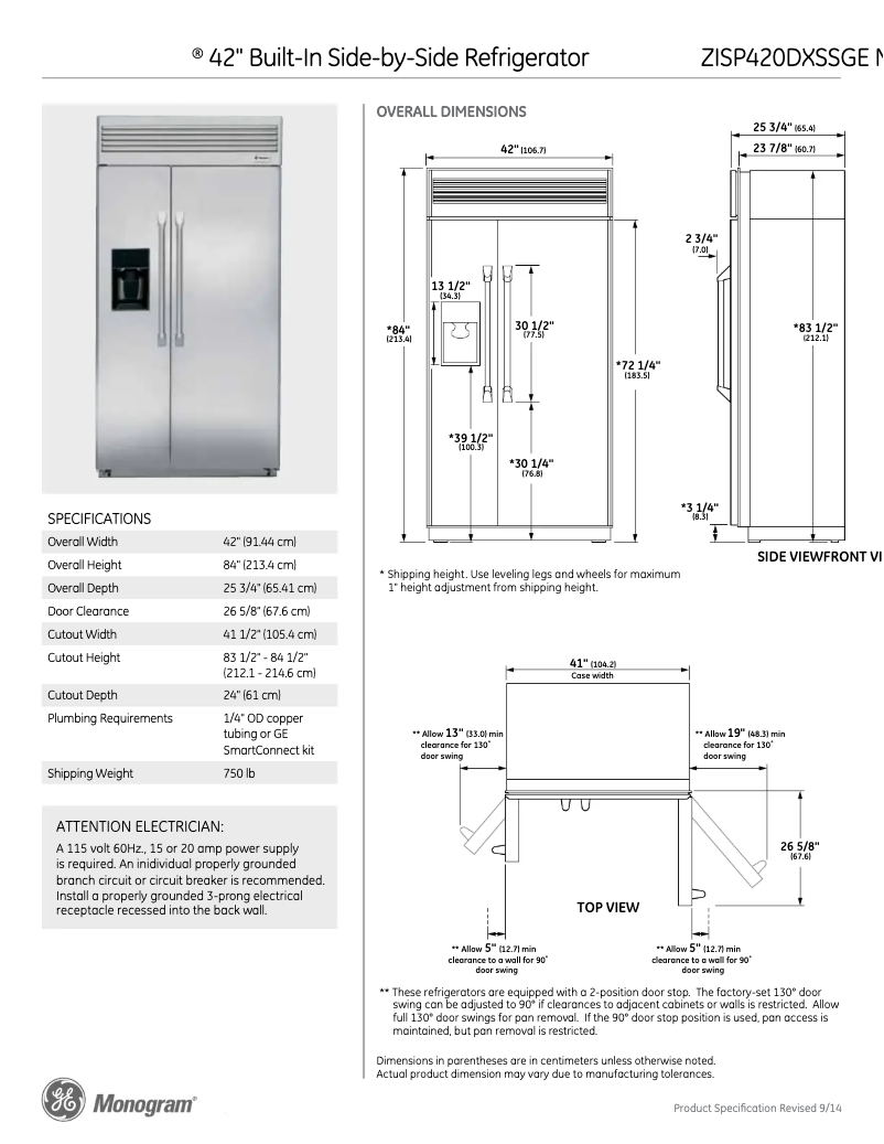 Página 1 del manual Ficha técnica GE ZISP420DXSS