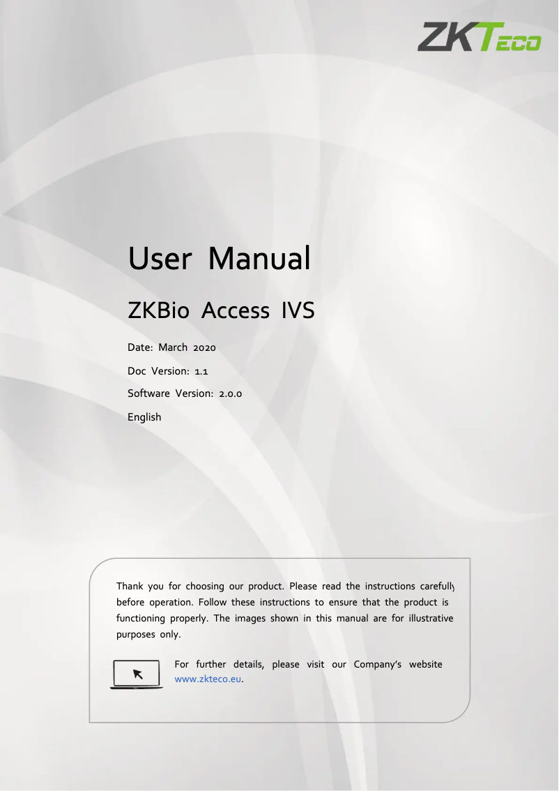 Page 1 de la notice Manuel utilisateur ZKTeco ZKBioAccess IVS