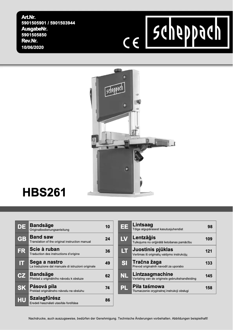 Page 1 de la notice Manuel utilisateur Scheppach HBS261