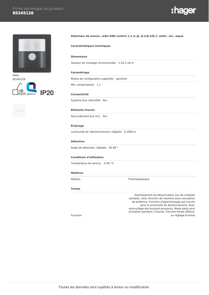 Page 1 de la notice Fiche technique Hager 85345126