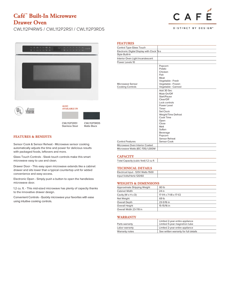 Página 1 del manual Ficha técnica GE Café CWL112P3RD5