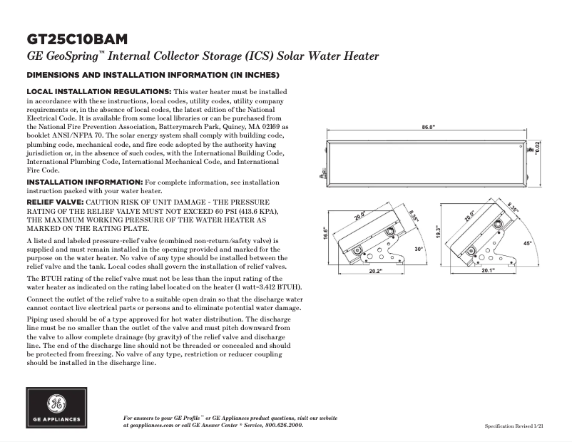 Page n°1 - Fiche technique GE GeoSpring GT25C10BAM