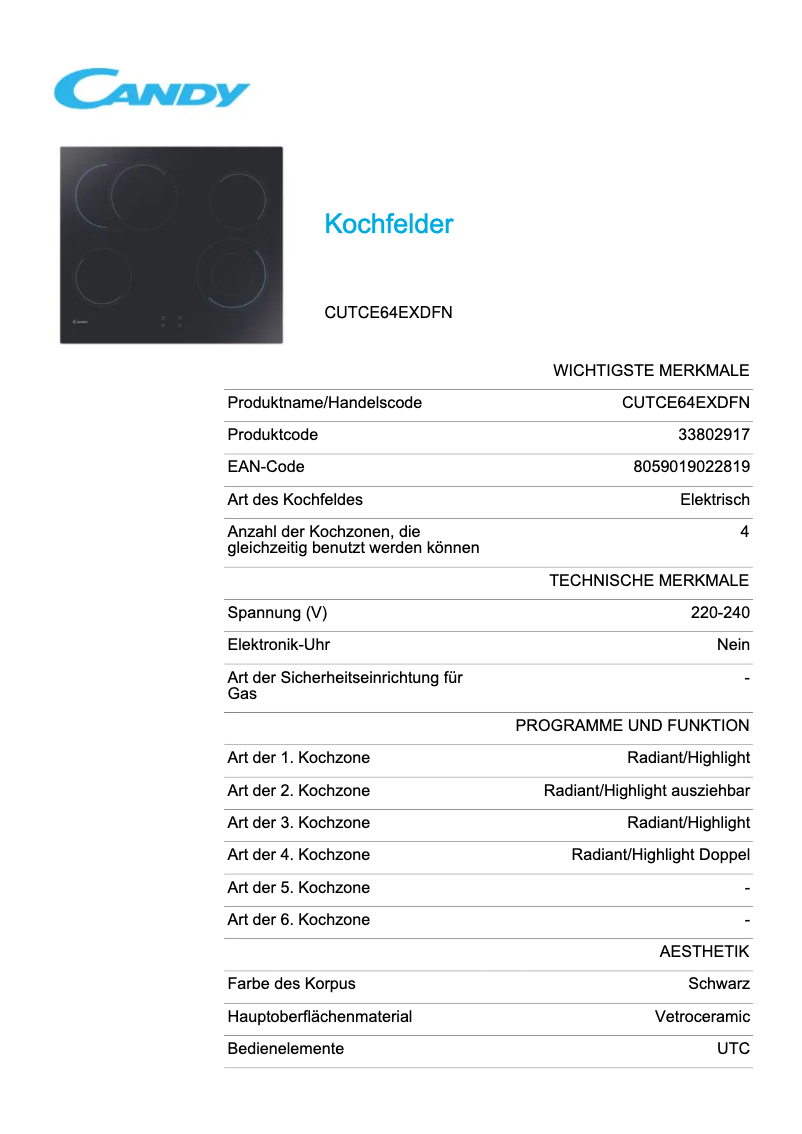 Página 1 del manual Ficha técnica Candy CUTCE64EXDFN