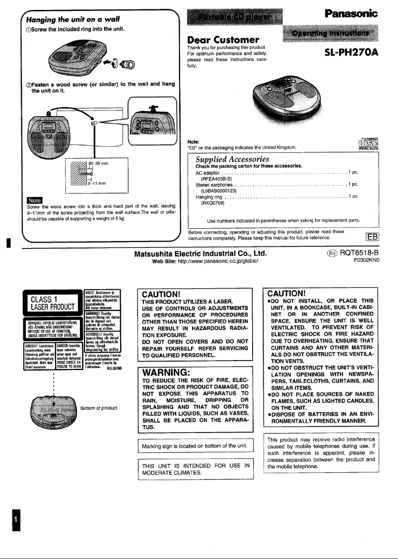 Page 1 de la notice Manuel utilisateur Panasonic SL-PH270