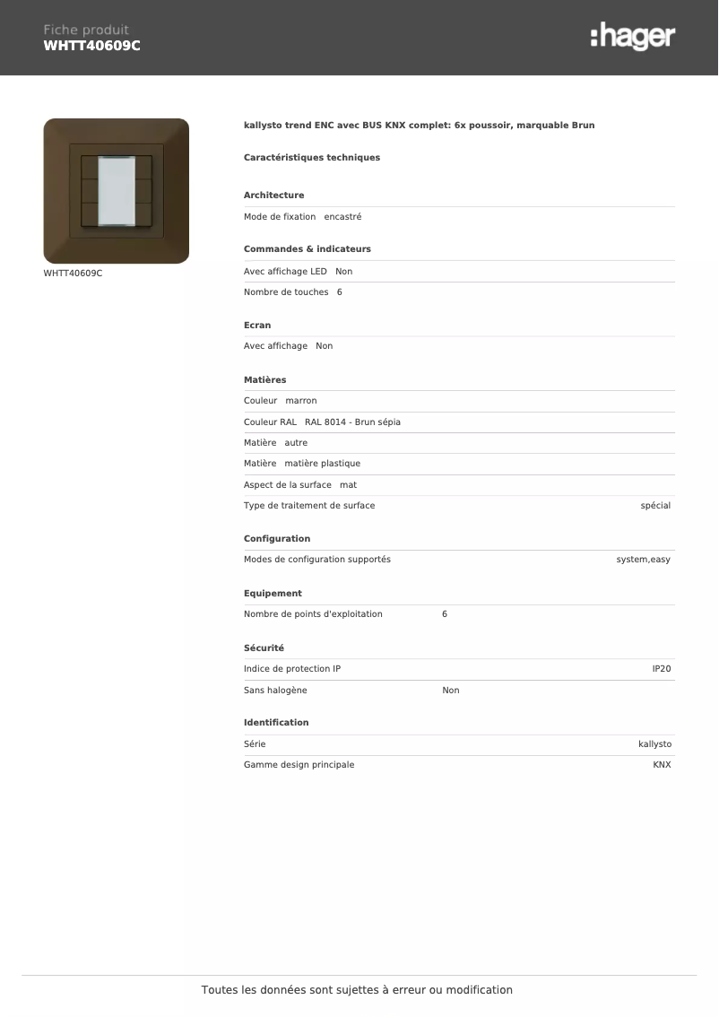 Page 1 de la notice Fiche technique Hager WHTT40609C