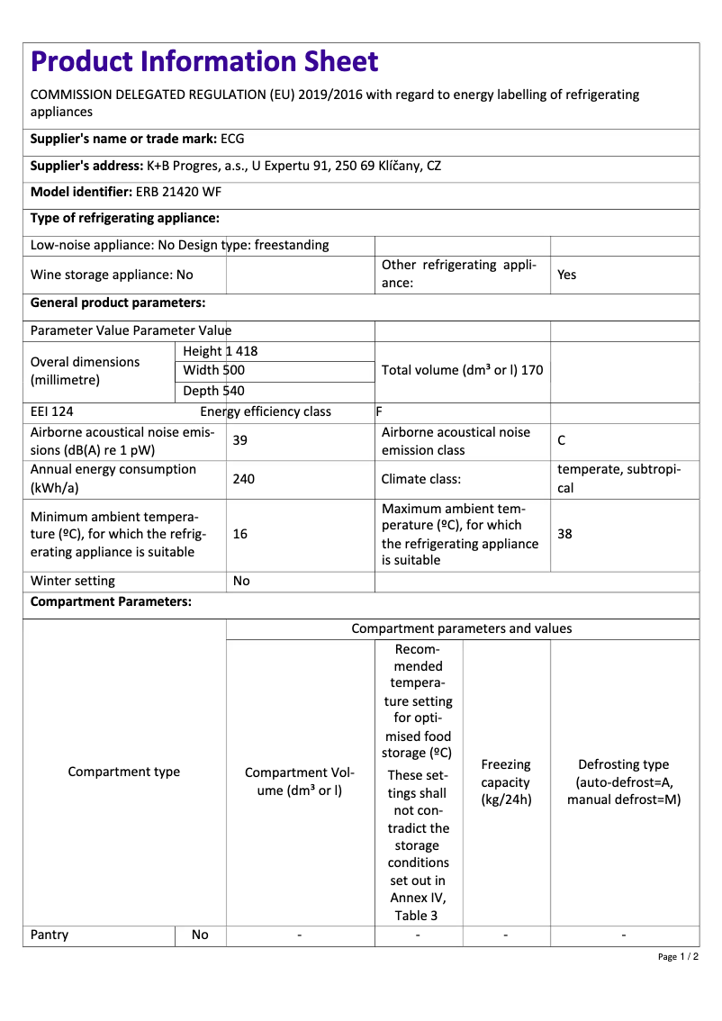 Page 1 de la notice Fiche technique ECG ERB 21420 WF
