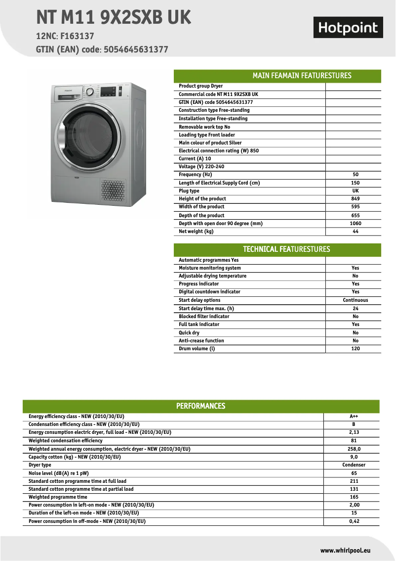 Página 1 del manual Ficha técnica Hotpoint NT M11 9X2SXB UK