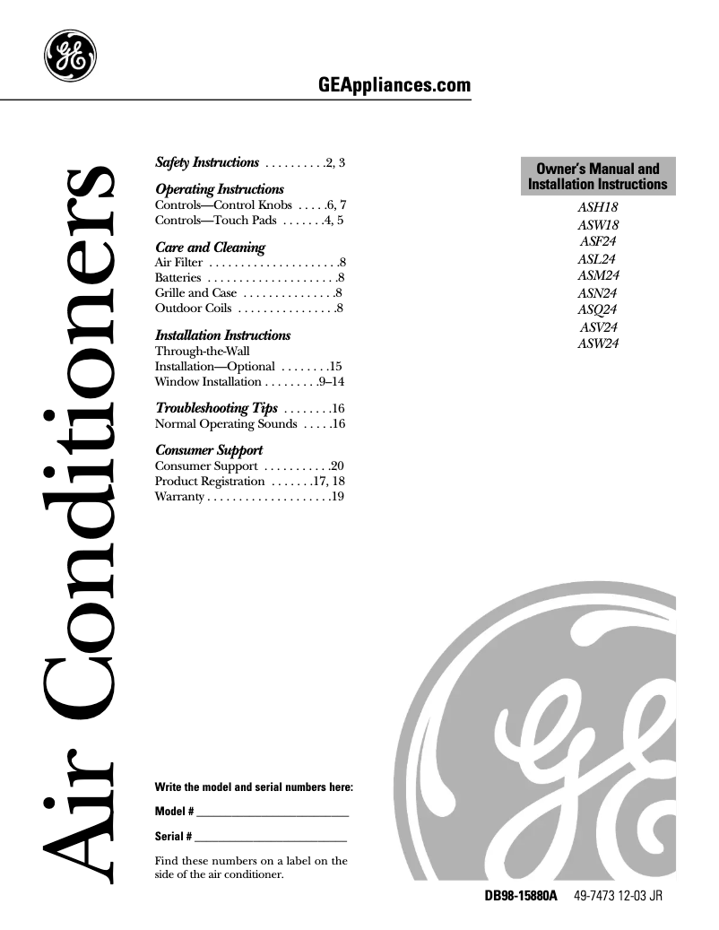 Page 1 de la notice Manuel d'utilisation et d'entretien GE ASW18DC