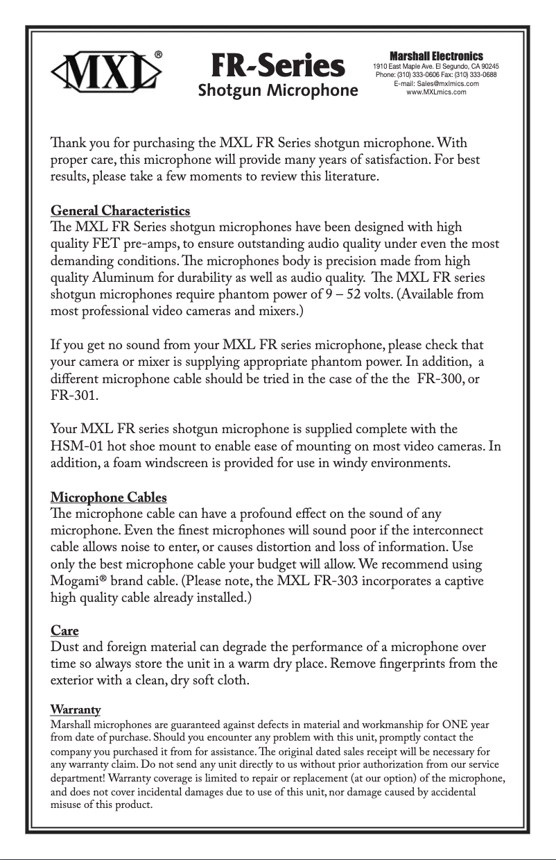Page 1 de la notice Manuel utilisateur MXL FR-303