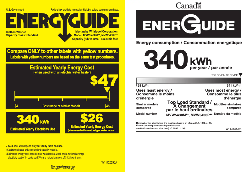 Page 1 de la notice Label énergétique Maytag MVW5430PBK
