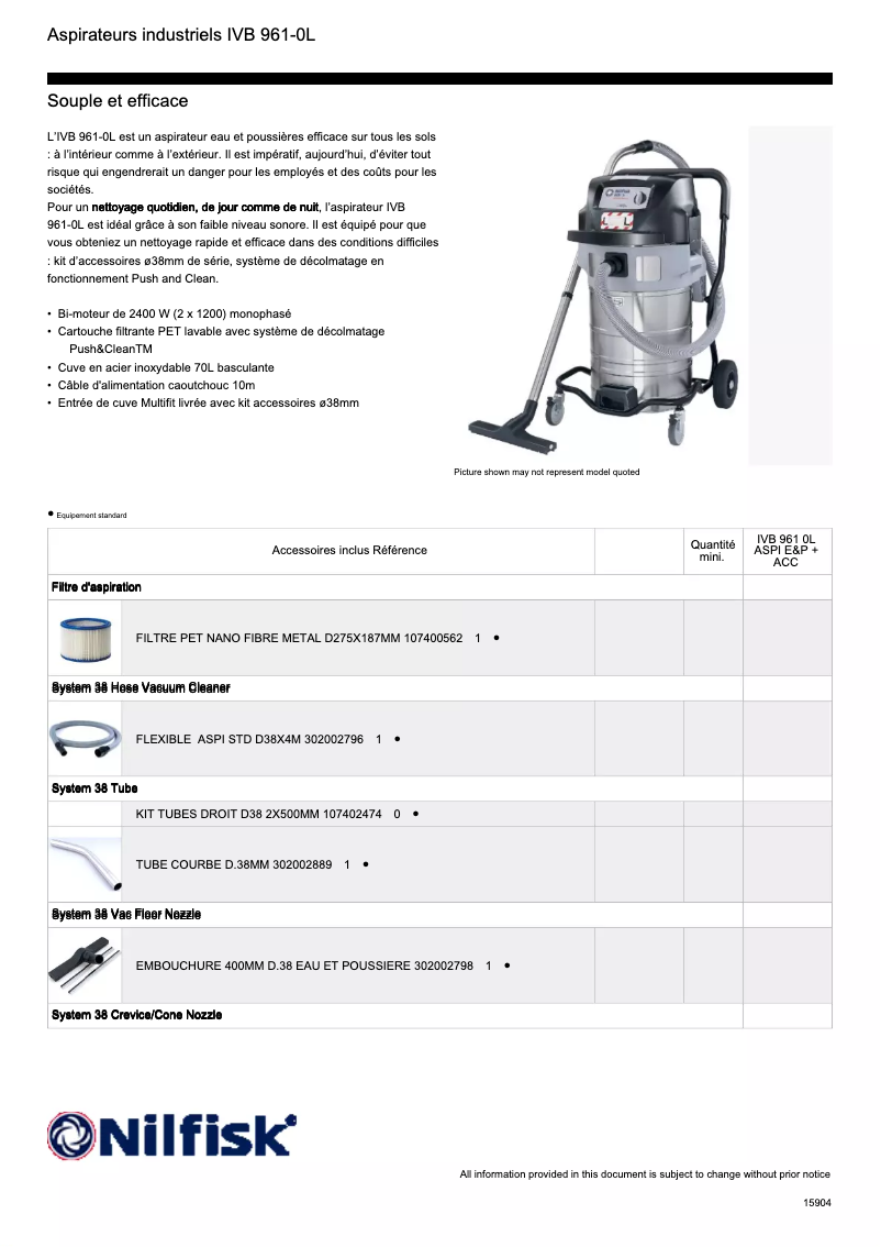 Page 1 de la notice Fiche technique Nilfisk IVB 961-0L