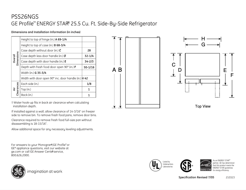 Página 1 del manual Ficha técnica GE Profile PSS26NGSBB