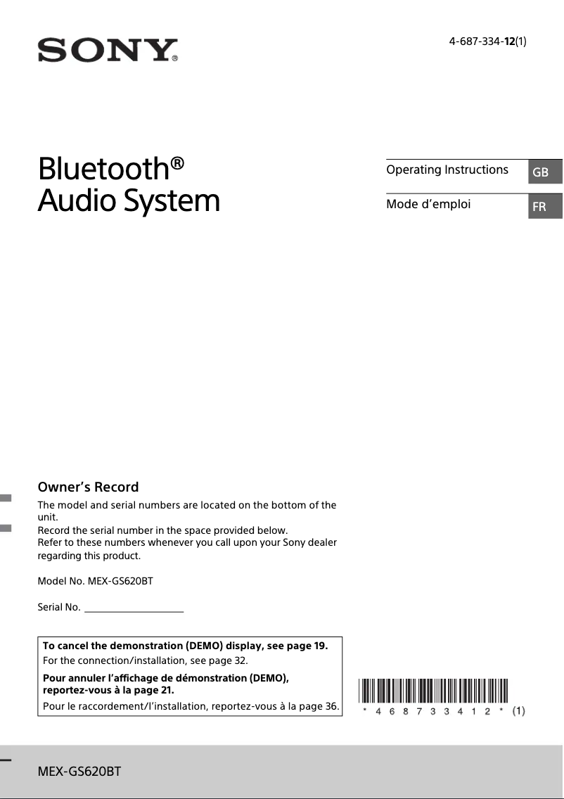 Page 1 de la notice Manuel utilisateur Sony MEX-GS620BT