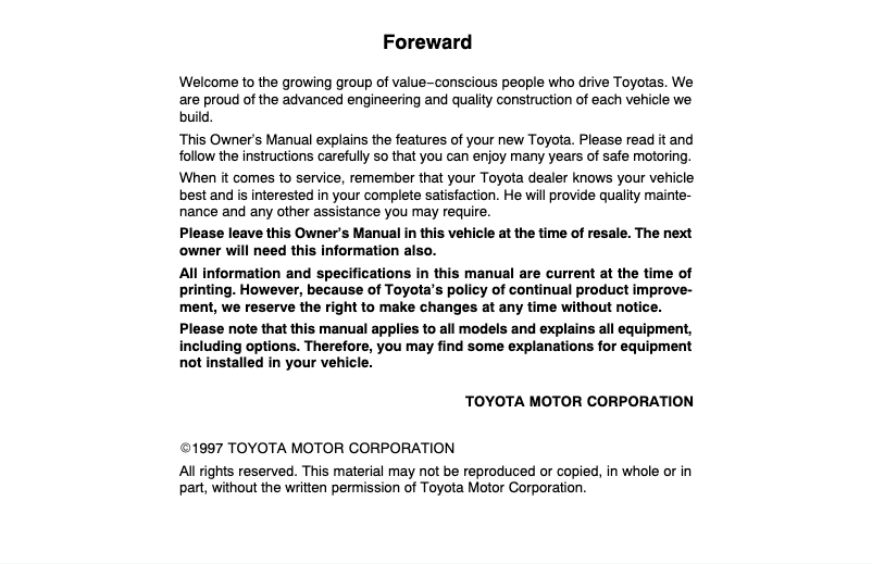 Page 1 de la notice Manuel utilisateur Toyota Corolla (1997)