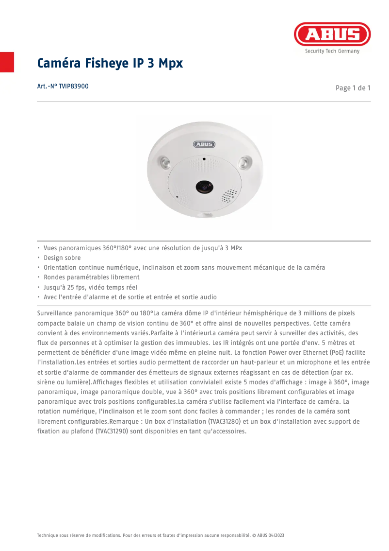 Page 1 de la notice Fiche technique Abus TVIP83900