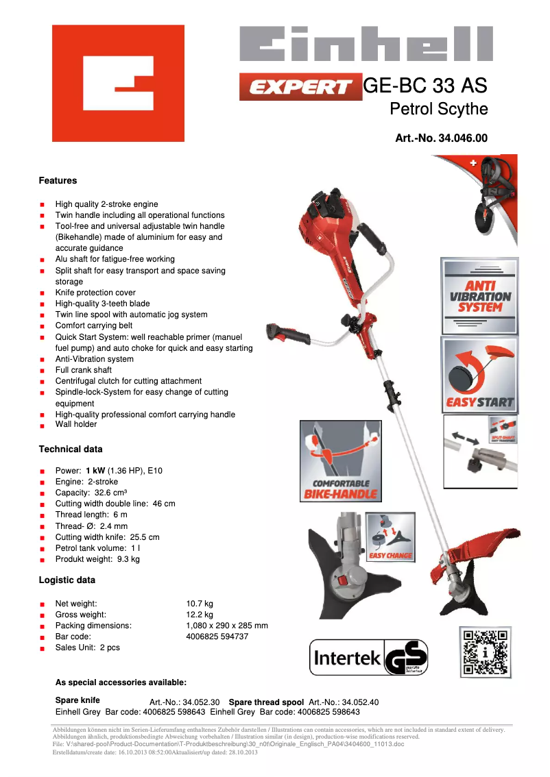 Página 1 del manual Ficha técnica Einhell GE-BC 33 AS