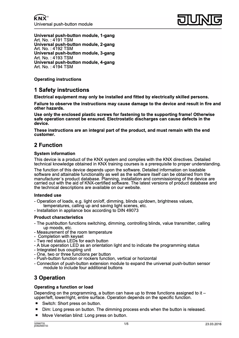 Page 1 de la notice Manuel utilisateur JUNG 4191 TSM