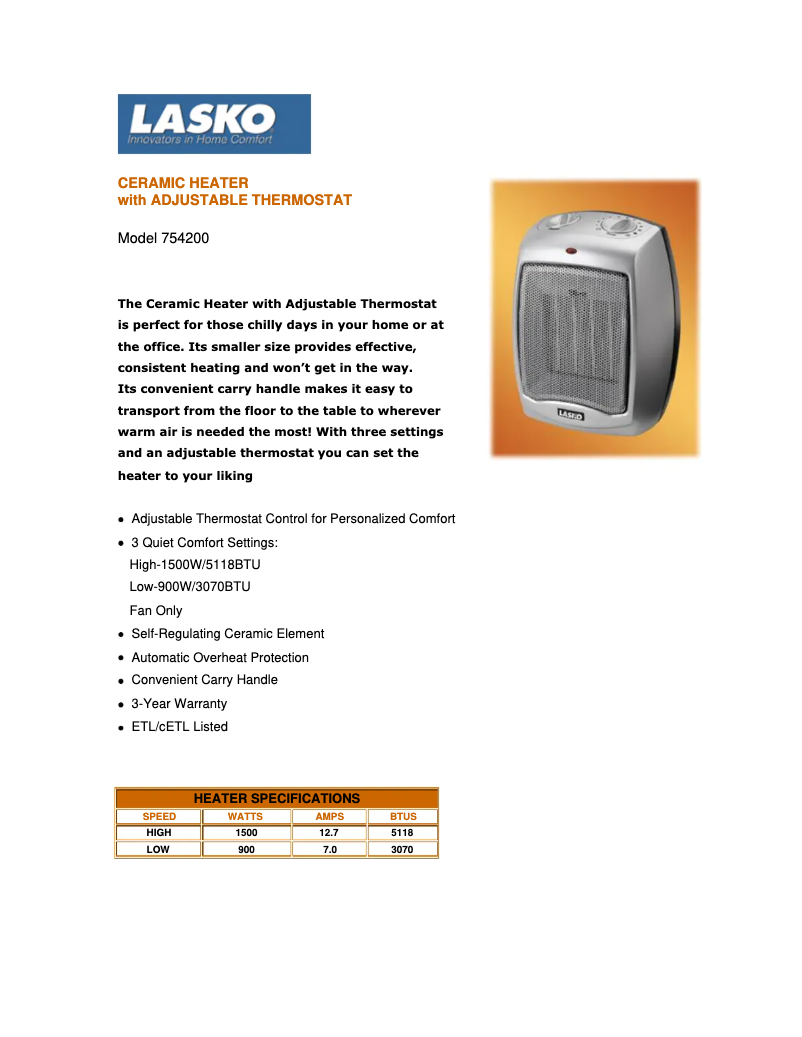 Página 1 del manual Ficha técnica Lasko 754200