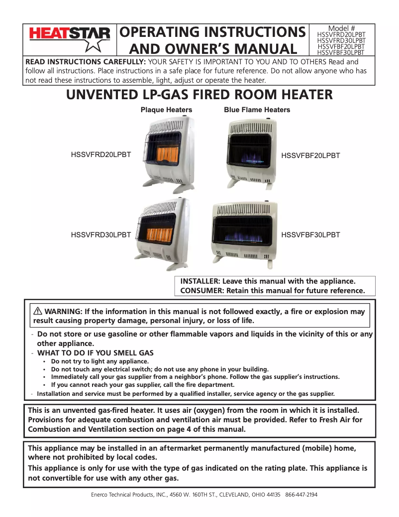 Page 1 de la notice Manuel utilisateur HeatStar HSSVFRD30LPBT