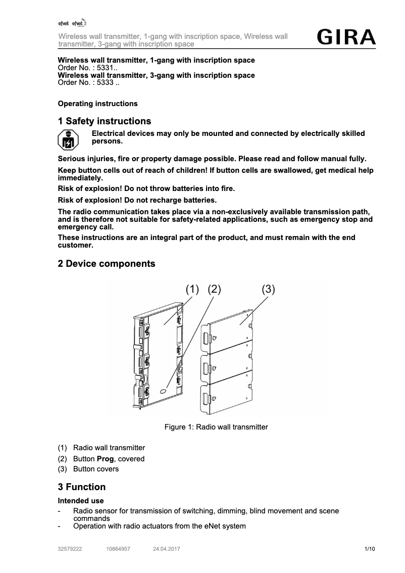 Page 1 de la notice Manuel utilisateur Gira 5331100