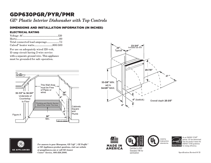 Page 1 de la notice Fiche technique GE GDP630PYRFS
