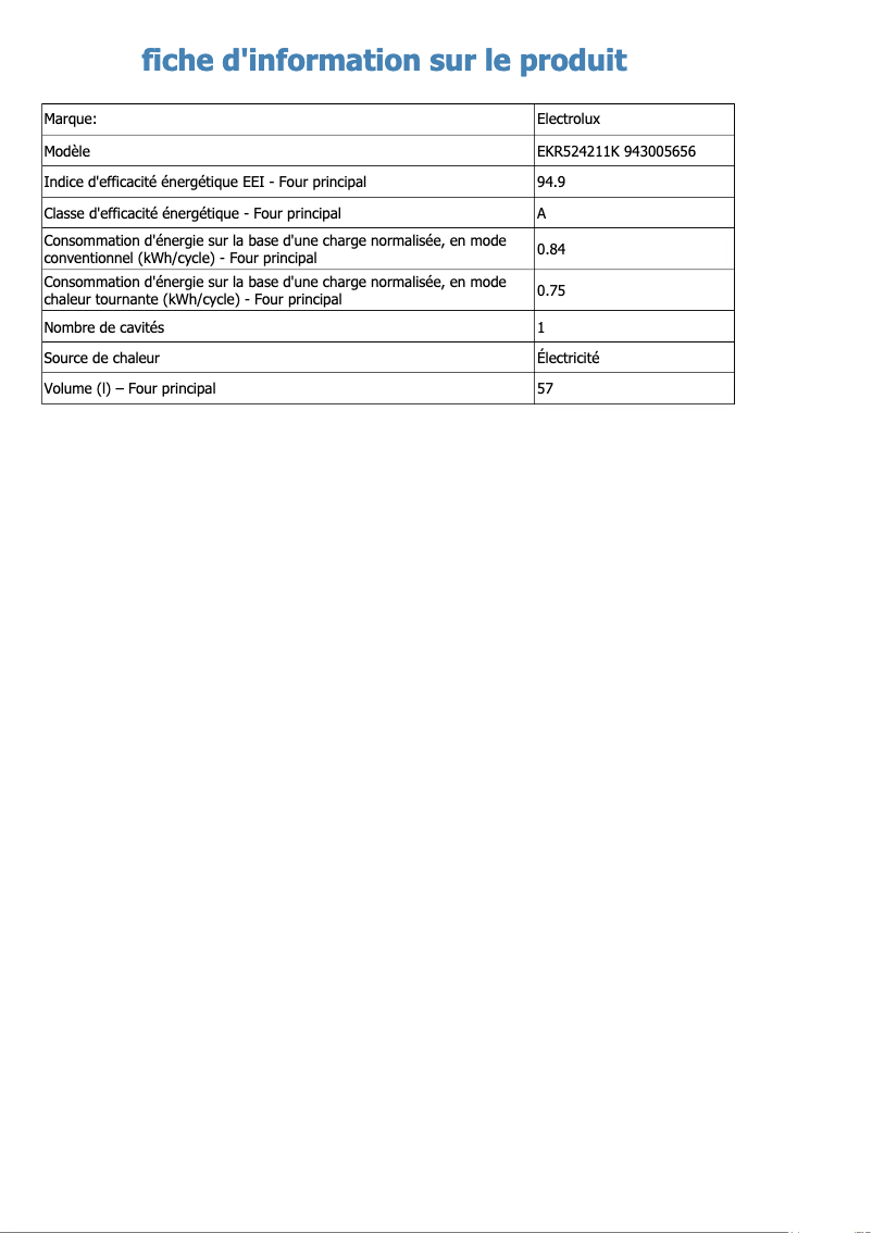 Page 1 de la notice Fiche technique Electrolux EKR524211K