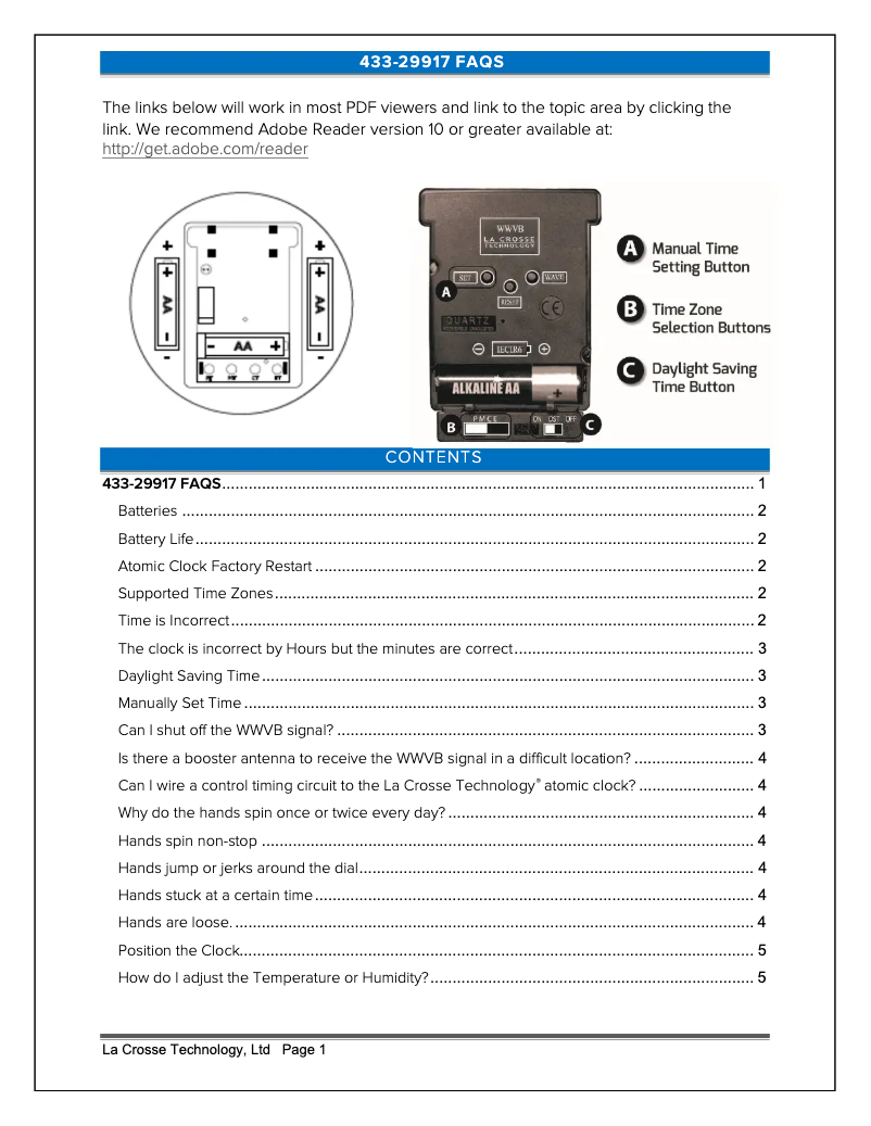 Page 1 de la notice FAQ La Crosse Technology 433-29917