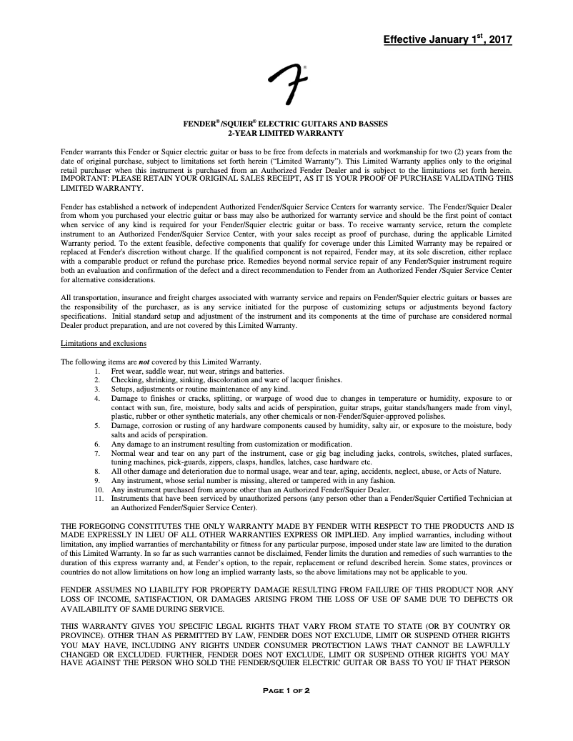 Page 1 of the manual Warranty Information Fender Affinity HH