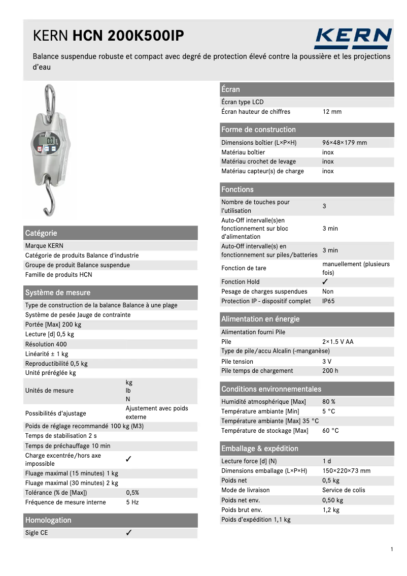 Page 1 de la notice Fiche technique Kern HCN 200K500IP
