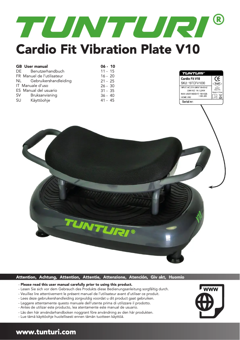 Page 1 de la notice Manuel utilisateur Tunturi Cardio Fit V10