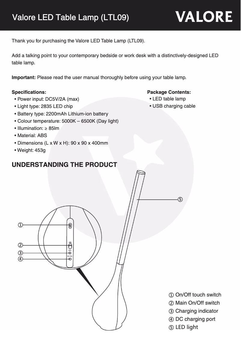 Page 1 de la notice Manuel utilisateur Valore LTL09