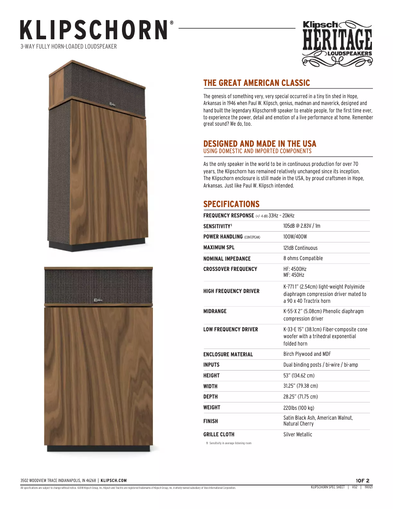 Page 1 de la notice Fiche technique Klipsch Heritage Klipschorn AK6