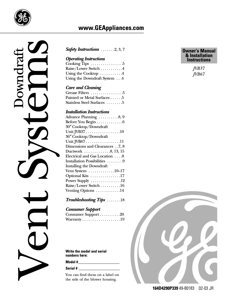 Page 1 de la notice Manuel d'utilisation et d'entretien GE Profile JVB37ABB