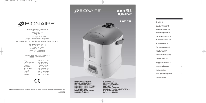 Page 1 de la notice Manuel utilisateur Bionaire BWM401-I