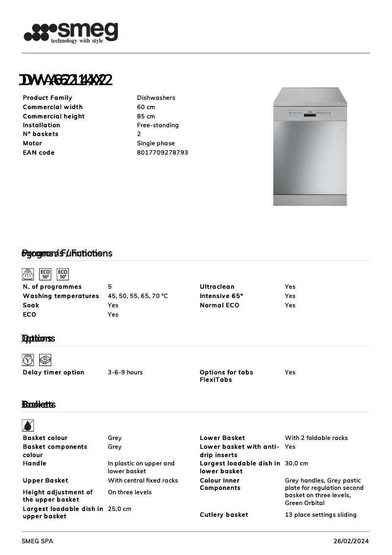 Page 1 de la notice Fiche technique Smeg DWA6214X2
