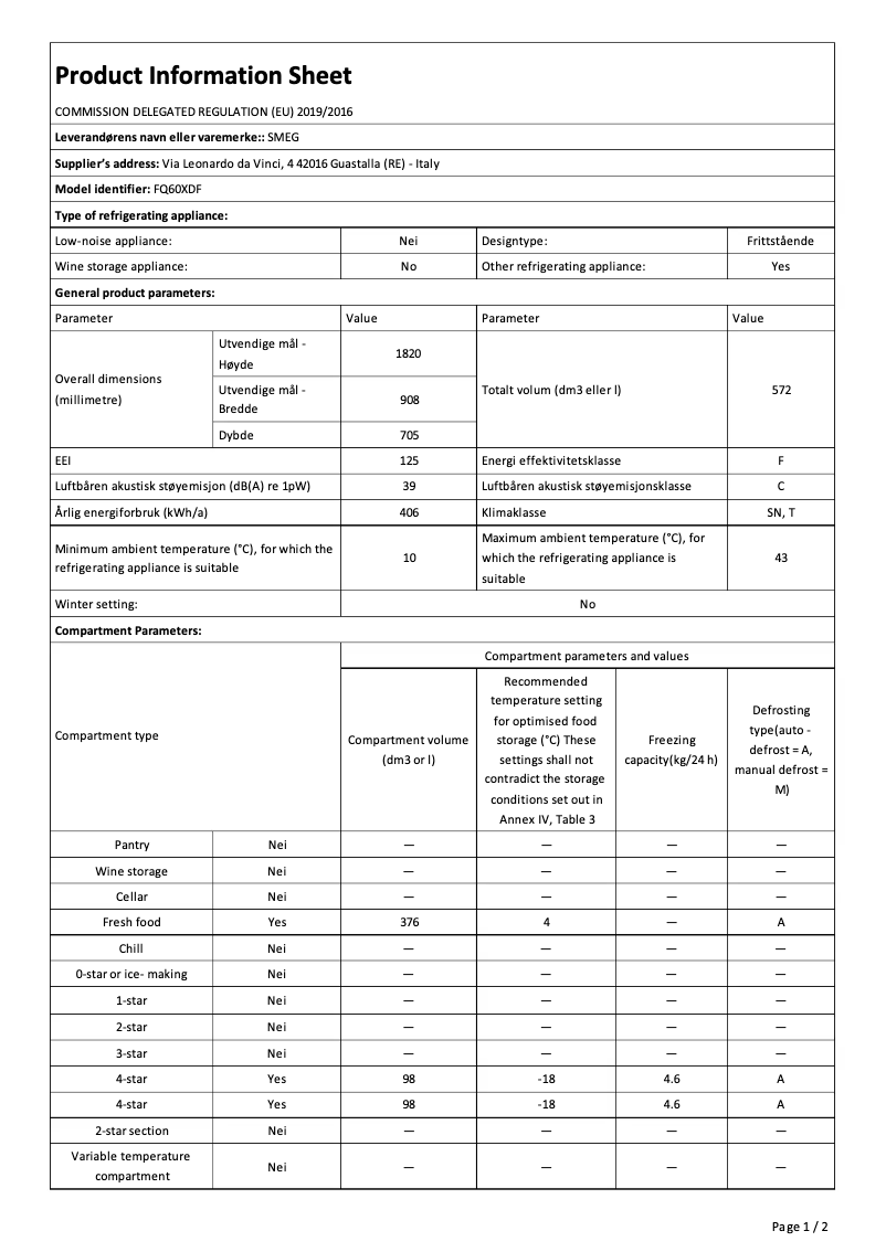 Page 1 de la notice Fiche technique Smeg FQ60XDF
