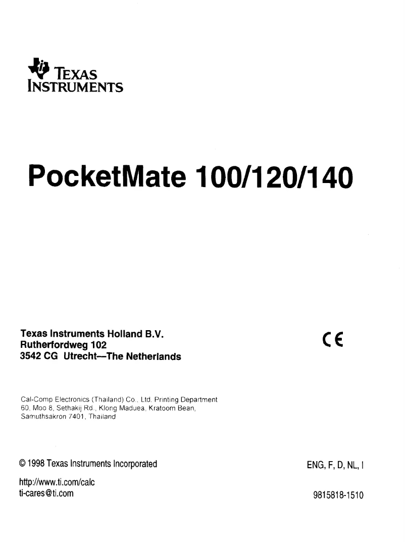 Page 1 de la notice Manuel utilisateur Texas Instruments PocketMate 100