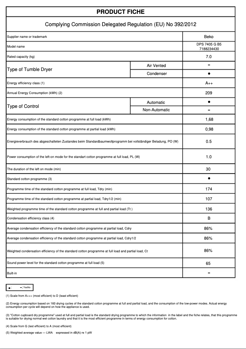 Page 1 of the manual Technical Sheet Beko DPS 7405 GB5