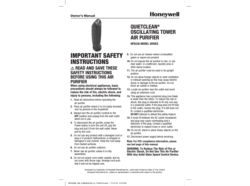 Page 1 de la notice Manuel utilisateur Honeywell QuietClean HFD230