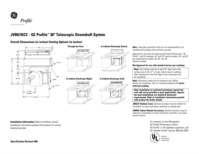 Page 1 de la notice Fiche technique GE Profile JVB67ACC