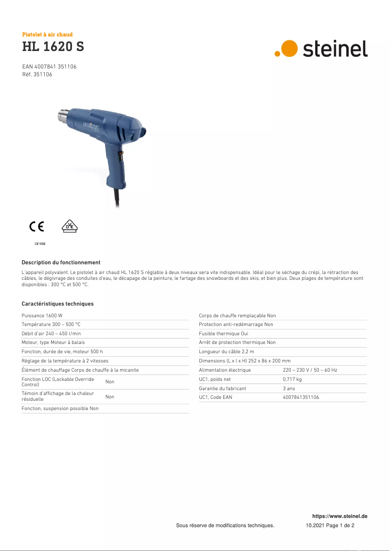 Page 1 de la notice Fiche technique Steinel HL 1620 S